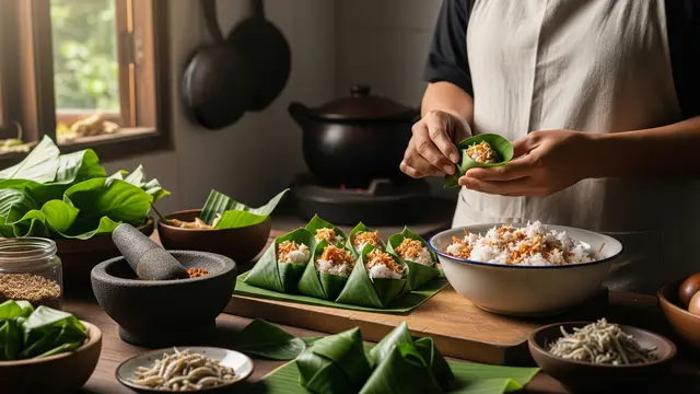 Membuat Buntil Daun Talas