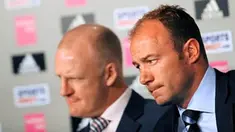 Newcastle United's interim manager Alan Shearer sits next to his assistant Iain Dowie during a press conference at St James' Park in Newcastle, northeast England, on April 2, 2009. AFP PHOTO/PAUL ELLIS 