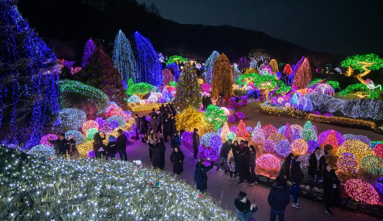 Gambar yang diambil 11 Januari 2020, pengunjung melihat tampilan beragam kerlip lampu di Garden of Morning Calm, sebelah timur Seoul di distrik Gapyeong, Korea Selatan. Festival cahaya tahunan tersebut dinikmati saat musim dingin, Desember sampai akhir bulan Maret. (Ed JONES / AFP)