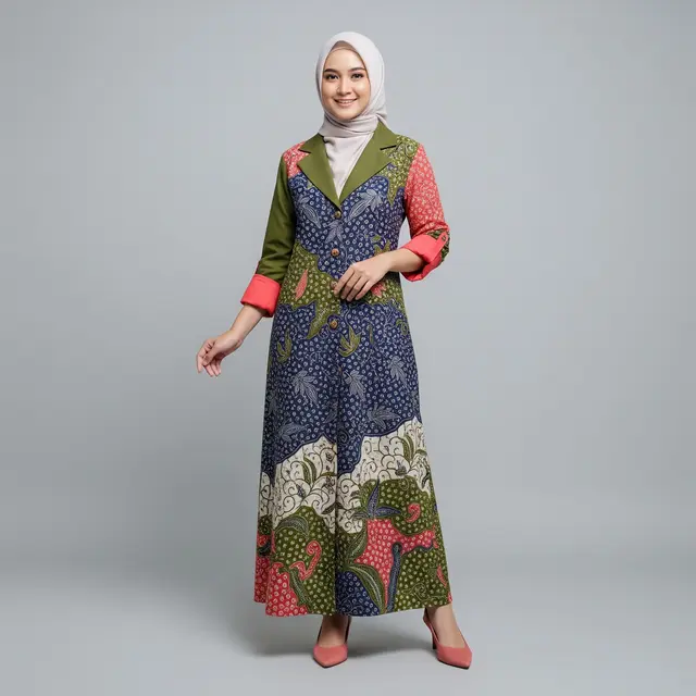 Model Gamis Batik Blazer Kombinasi Warna Kontras