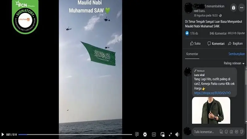 Gambar Tangkapan Layar Video yang Diklaim Perayaan Menyambut Maulid Nabi Muhammad SAW di Timur Tengah (sumber: Facebook).