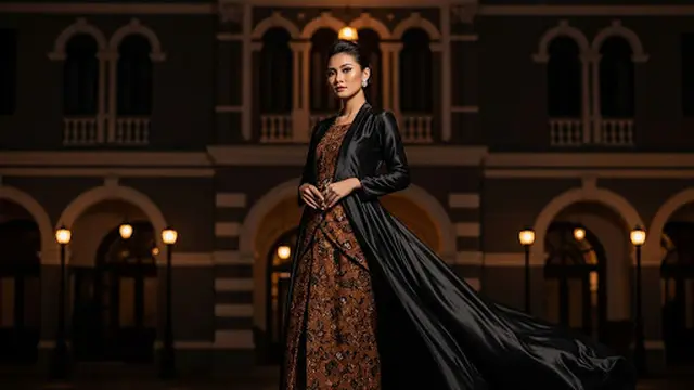 Dress Batik Cokelat Elegan + Outer Hitam Panjang