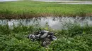 Seekor burung bangau yang diduga mati karena flu burung tergeletak di sebuah ladang dekat Linum, Jerman timur, pada 24 Oktober 2025. (RALF HIRSCHBERGER/AFP)