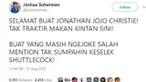 Banyak warganet yang mengucapkan selamat ke Jonatan Christie atas keberhasilannya di Asian Games 2018. Namun banyak yang salah alamat ke akun Joshua Suherman hingga membuatnya kesal.