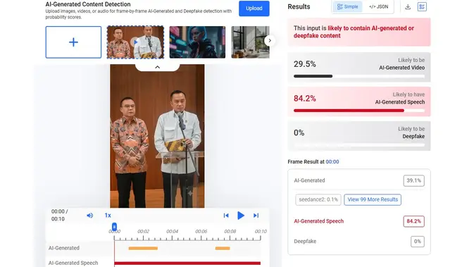 Video klaim Mensesneg Prasetyo Hadi mengumumkan bantuan pensiunan menunjukkan hasil AI. (Foto: tangkapan layar Hive Moderation)