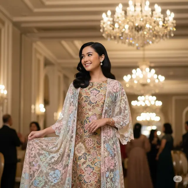 Long Dress Brokat Motif Floral + Outer Renda Tulle