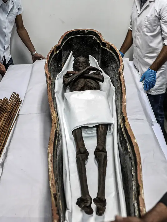 Mumi Firaun Sennedjem diperlihatkan dari peti mati di Museum Nasional Peradaban Mesir (NMEC), Kairo, Mesir (21/9/2019). Sennedjem merupakan tokoh kunci dalam pemerintahan Raja Siti I dan Ramsis II. (AFP Photo/Mohamed el-Shahed)