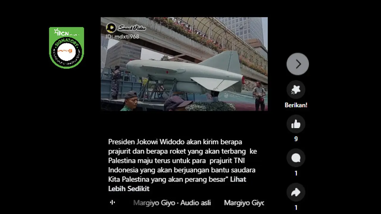 Tangkapan layar klaim video prajurit dan roket yang akan dikirim Presiden Jokowi ke Palestina