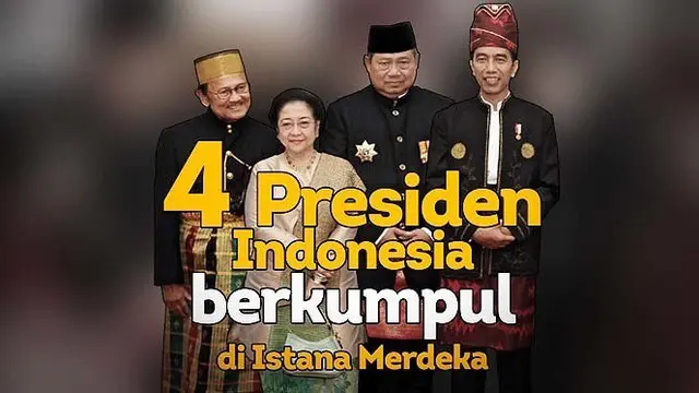 Peristiwa langka terjadi di Istana Merdeka dalam rangkaian peringatan kemerdekaan ke-72 Indonesia. Presiden Joko Widodo dan Wakil Presiden Jusuf Kalla berfoto bersama presiden ke-6 Susilo Bambang Yudhoyono dan presiden ke-5 Megawati Soekarnoputri.