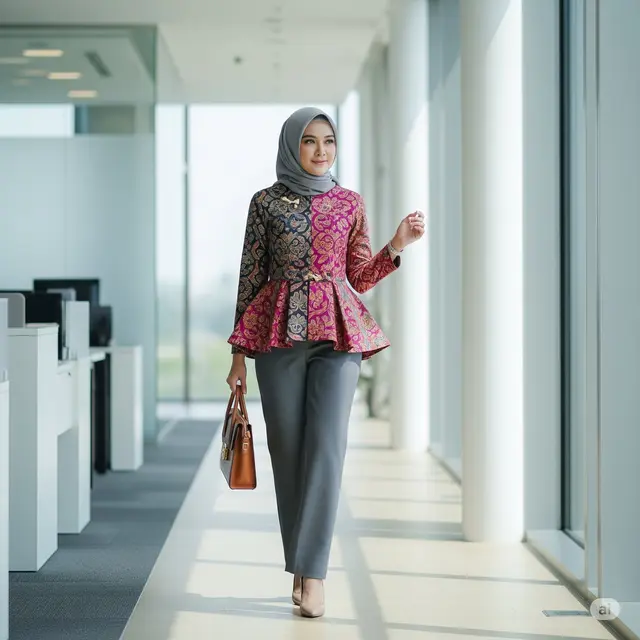 Model Baju Batik Kantor Wanita Berjilbab Modern. Foto: Gemini