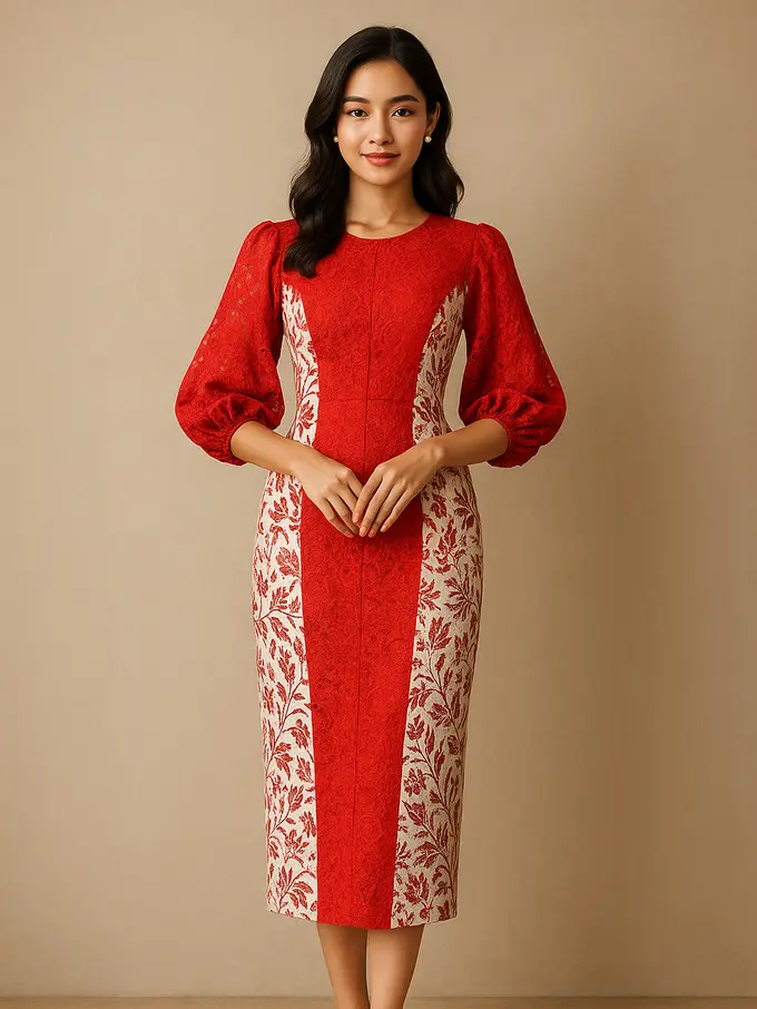 Dress Batik Kombinasi Brokat Lengan Balon