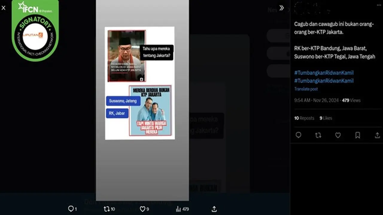 Gambar tangkapan layar kabar tentang Calon Wakil Gubernur Jakarta Nomor Urut 1, Suswono ber-KTP di Tegal, Jawa Tengah. (sumber X)