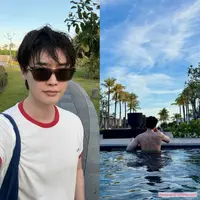 Lee Jong Suk liburan di Canggu, Bali. Mengenakan kaus putih dan celana pendek, ia tampil kasual, berenang pamer tubuh atletis, dan menonjolkan tren quiet luxury (@jongsuk0206)