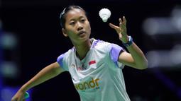 Tunggal putri Indonesia, Putri Kusuma Wardani tampil sempurna menyingkirkan Tomoka Miyazaki pada babak 16 besar Kejuaraan Dunia Bulu Tangkis 2025 di Adidas Arena, Paris, Prancis, Kamis (28/8/2025) sore WIB. (AP Photo/Aurelien Morissard)