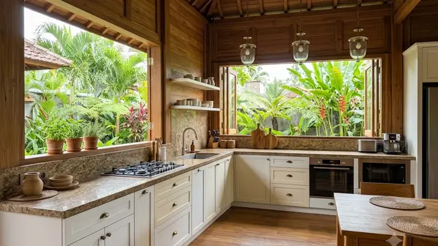 Dapur Luas Bernuansa Terang dengan Kitchen Set Bentuk L