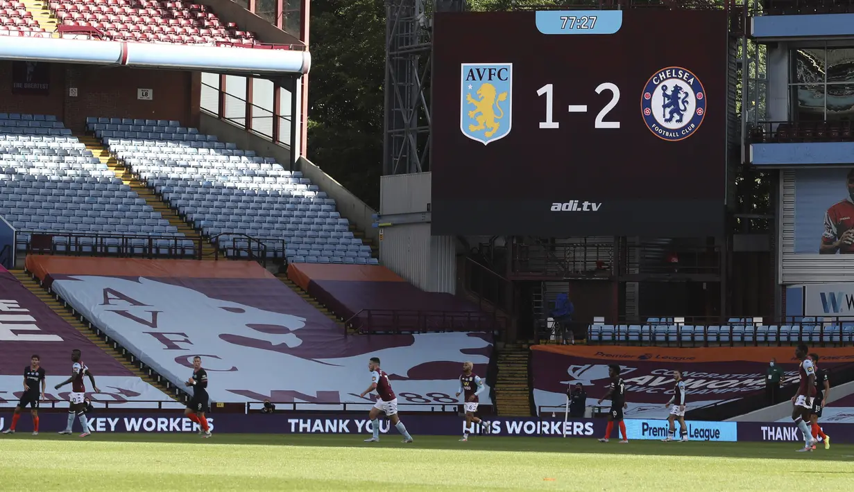 Aston Villa menghadapi Chelsea dalam lanjutan Liga Inggris di Villa Park Stadium, Birmingham, Inggris, Minggu (21/6/2020). Chelsea menaklukkan Aston Villa 2-1. (Cath Ivill/Pool via AP)