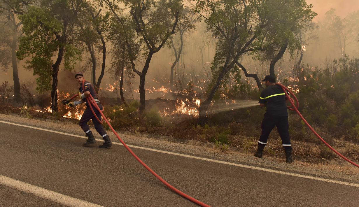 Petugas pemadam kebakaran berupaya memadamkan kebakaran hutan yang disebabkan suhu ekstrem di Larache, Maroko utara, Jumat (15/7/2022). Petugas pemadam kebakaran dan militer berjuang untuk menahan beberapa kebakaran hutan di Maroko utara, ketika ratusan warga mengungsi dari rumah mereka karena kobaran api yang melanda petak besar hutan pinus. (AP Photo)