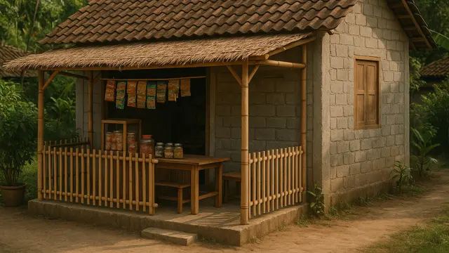 Model Rumah Sederhana dari Bambu dan Batako dengan Warung di Teras