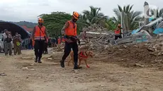 Anjing polisi K-9 diterjunkan saat proses pencarian korban gempa di reruntuhan bangunan Rumah Sakit Mitra Manakarra di Mamuju, Minggu (17/1/2021). Polri mengerahkan enam ekor K-9 untuk membantu menangani dampak gempa bumi di Majene dan Mamuju, Sulawesi Barat. (Liputan6.com/Abdul Rajab Umar)