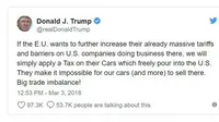 Donald Trump dalam cuitannya di Twitter mengancam akan menaikkan pajak mobil impor Eropa. (Carscoops)