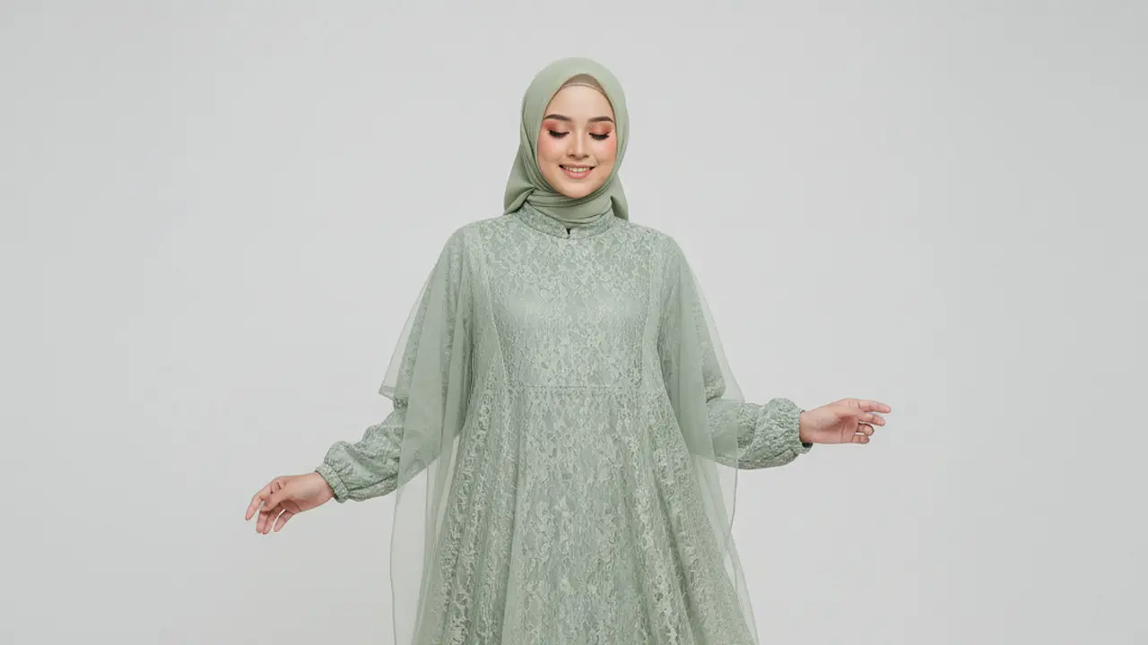 Model Gamis Warna Sage Green dengan Detail Brokat Floral untuk Akad Nikah. Gemini
