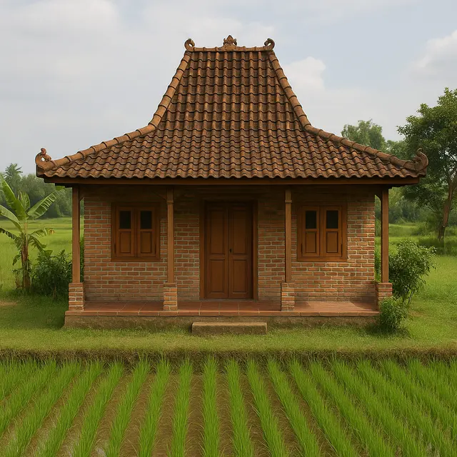 Gambar Rumah Klasik Jawa Sederhana di Tepi Sawah