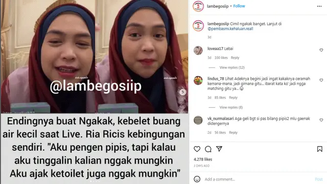 Ria Ricis tetap live Instagram meski sedang buang air kecil