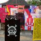Bendera aneka warna dan gambar dari berbagai bahan dipasang di halaman gedung Dewan Kesenian Malang. Ini jadi pandangan para seniman di Kota Malang tentang makna kemerdekaan (Liputan6.com/Zainul Arifin)