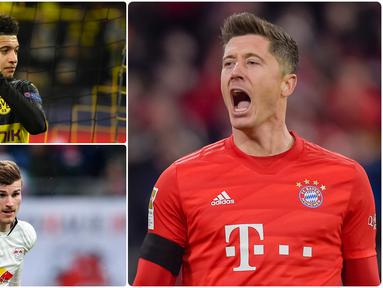 Robert Lewandowski kian perkasa di puncak top skor Bundesliga 2019/2020. Gol tunggal ke gawang Werder Bremen menjadi gol ke-31 miliknya di kompetisi Bundesliga dan membawa Bayern Munchen mengamankan titel juara musim ini. Berikut top skor Bundesliga 2019/2020. (kolase foto AFP)