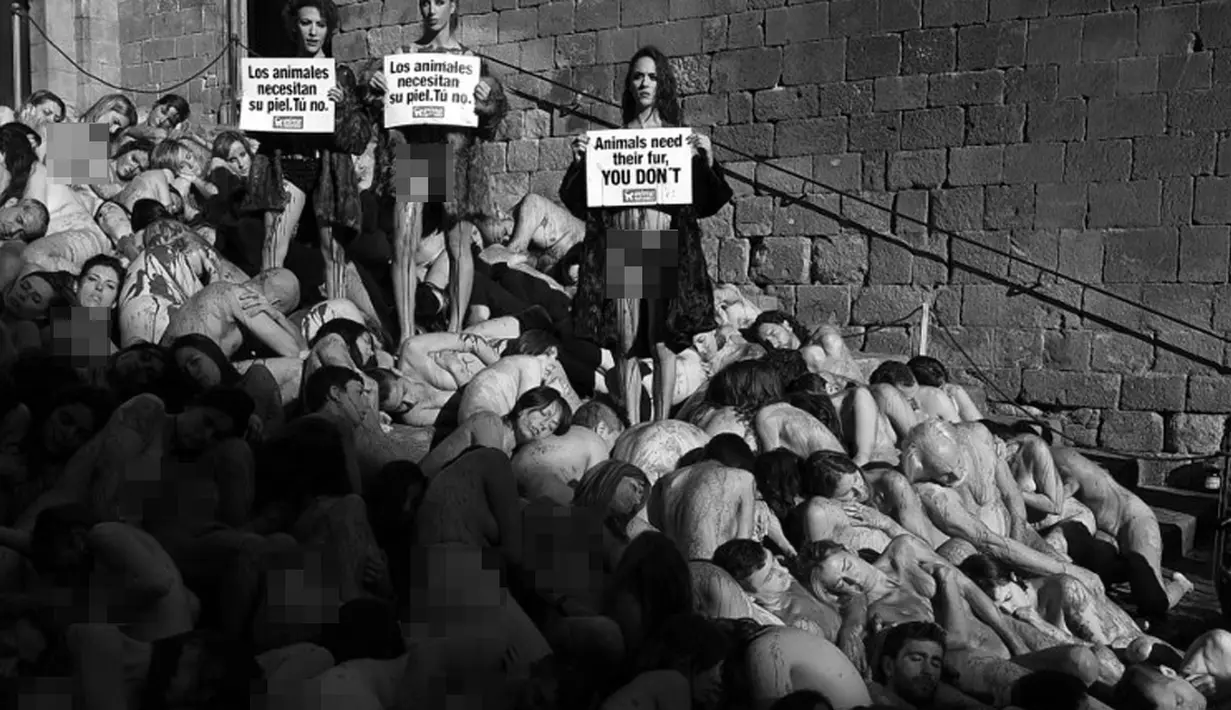 Aksi bugil para aktivis ini untuk mengecam penggunaan kulit binatang di Barcelona, Minggu (7/12/2014). (AFP Photo/Liuis Gene)