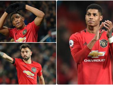 Performa impresif Manchester United musim ini tidak lepas dari penampilan gemilang pemain mereka dan beberapa pemain tampil bagus serta konsisten sepanjang musim ini. Berikut lima pemain Manchester United dengan ranking terbaik pada musim 2019/2020. (kolase foto AFP)