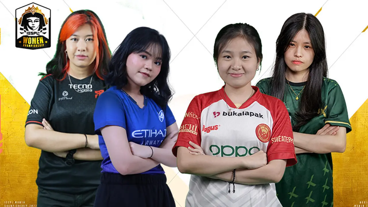 [Kiri - Kanan] Valanyr (MBR Delphyne), Navillera (Nigma Galaxy), Vivian (Bigetron Era), Caramel (GPX Basreng) (Dok. IESPL Women Championship)