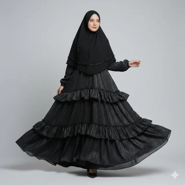 Gamis Shimmer Ruffle Hitam