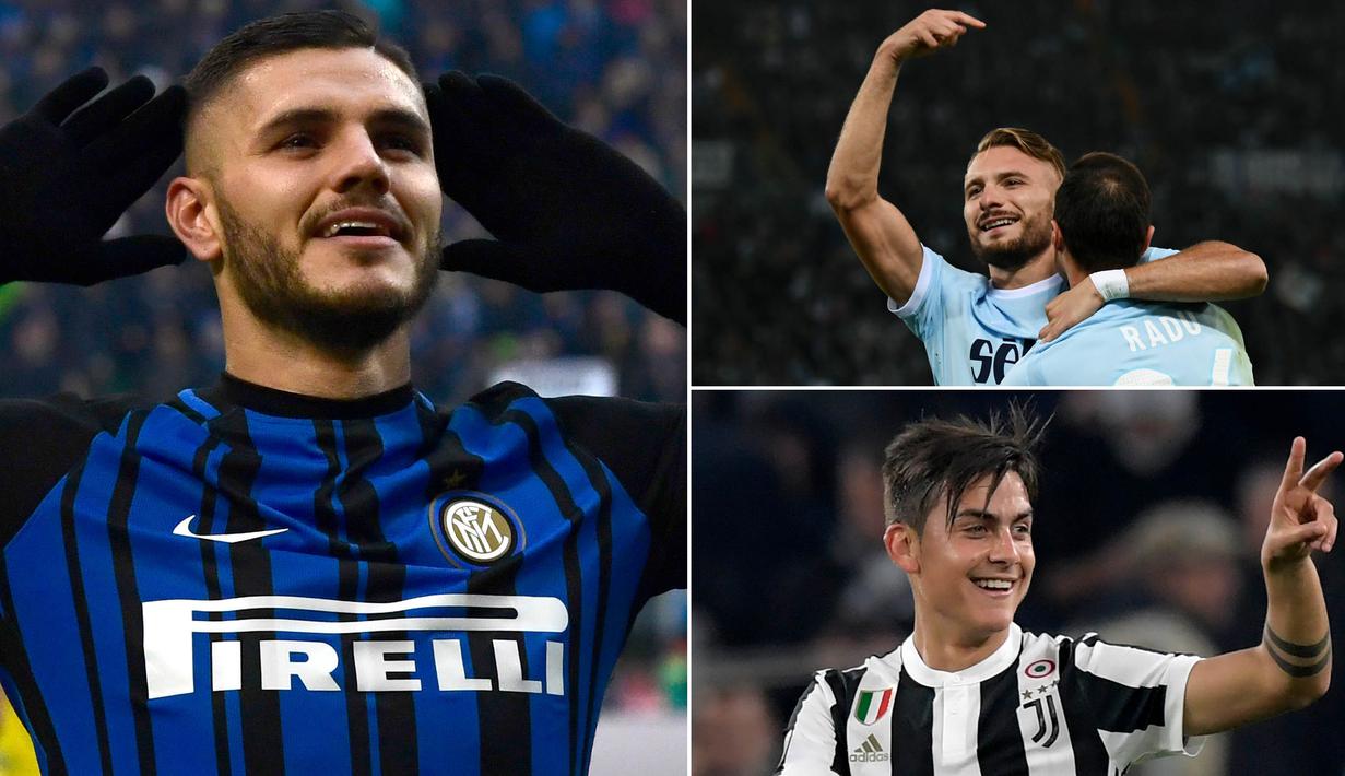 Berikut ini top scorer sementara Serie A Italia musim 2017/2018 hingga pekan ke-15. Tambahan satu gol membuat Mauro Icardi berhasil menyalip Ciro Immobile di posisi puncak. (Kolase foto-foto dari AFP)