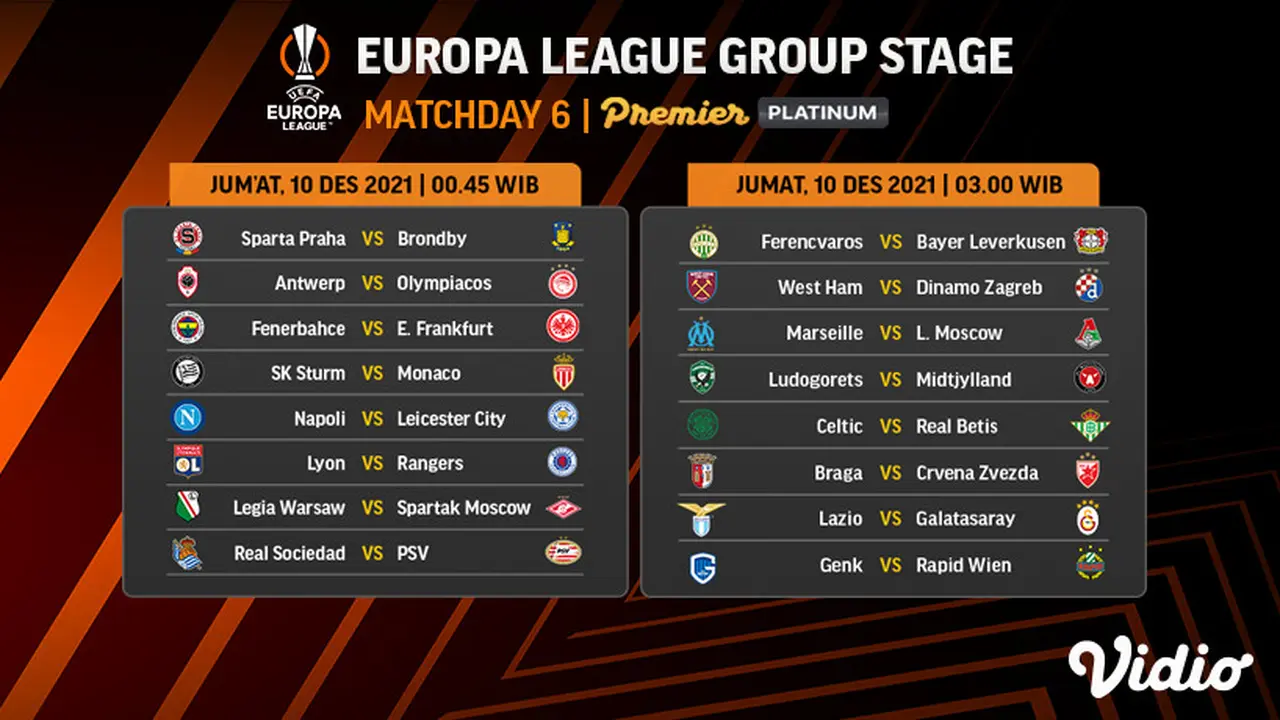 Jadwal dan Live Streaming Liga Europa 2021/2022 Matchday 6 di Vidio, Jumat 10 Desember 2021