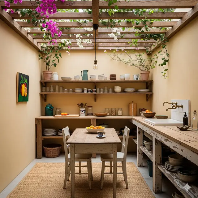 Dapur dengan Pergola Kayu & Tanaman Rambat