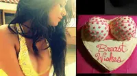 Di ulang tahunnya yang ke-23, Poonam Pandey dihadiahi kue berbentuk payudara oleh fans. (Foto: Indiatoday) 
