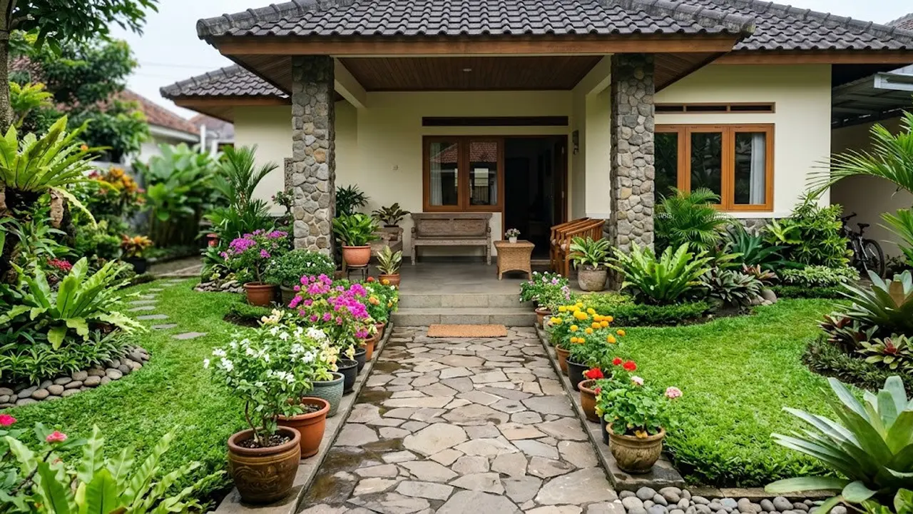 Inspirasi Teras Rumah Sederhana dengan Kombinasi Bunga Hias dan Batu Alam