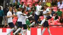 Para pemain Inggris merayakan gol yang dicetak Gary Cahill ke gawang Nigeria pada laga persahabatan di Stadion Wembley, London, Sabtu (2/6/2018). Inggris menang 2-1 atas Nigeria. (AFP/Ben Stansall)