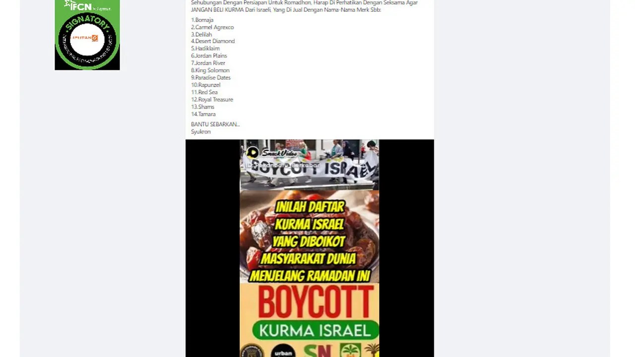 Tangkapan layar klaim Dosen UIN Antasari imbau tak beli kurma dari Israel