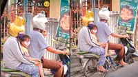 Pasangan suami istri yang berboncengan membawa anak naik sepeda yang dirakit seperti motor dan pakai helm unik. (Sumber: TikTok/rskaw_)