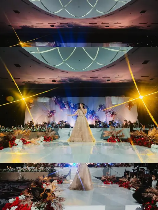 Penampilan Tiara Andini yang menawan saat manggung dibalut dress berwarna cokelat terang. Dress ini membalut tubuhnya bak princess dengan bagian rok yang mengembang. Foto: Instagram.