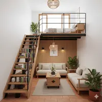 7 Desain Rumah Mezzanine Kecil Tanpa Tangga Beton, Praktis dan Hemat Ruang di 2025 (sumber: Gemini AI)