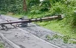 Tiang listrik ambruk menyebabkan akses jalan di Kecamatan Cibinong-Sindangbarang terputus. (Foto: Istimewa).