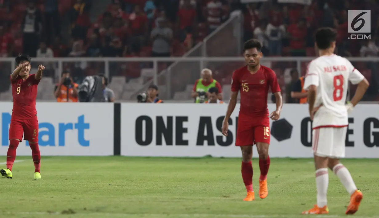 Pemain Timnas Indonesia U-19 Witan Sulaeman merayakan gol saat melawan Uni Emirat Arab U-19 pada penyisihan Grup A Piala AFC U-19 2018 di Stadion GBK, Jakarta, Rabu (24/10). Babak pertama, Indonesia unggul 1-0. (Liputan6.com/Helmi Fithriansyah)