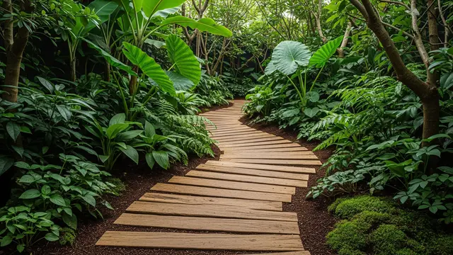 Kebun Rumah Bernuansa Hutan Mini dengan Kayu dan Tanaman Rindang