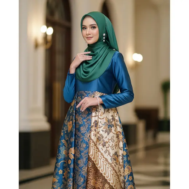 Gamis Batik Satin Kombinasi Polos