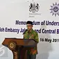 Ketua Umum PP Muhammadiyah Haedar Nasir menyampaikan kata sambutan di Jakarta, Senin (16/5). Nota kesepahaman tersebut dilakukan untuk menjalin kerjasama dalam bidang pembangunan toleransi, pluralisme, dan HAM. (Liputan6.com/Immanuel Antonius)