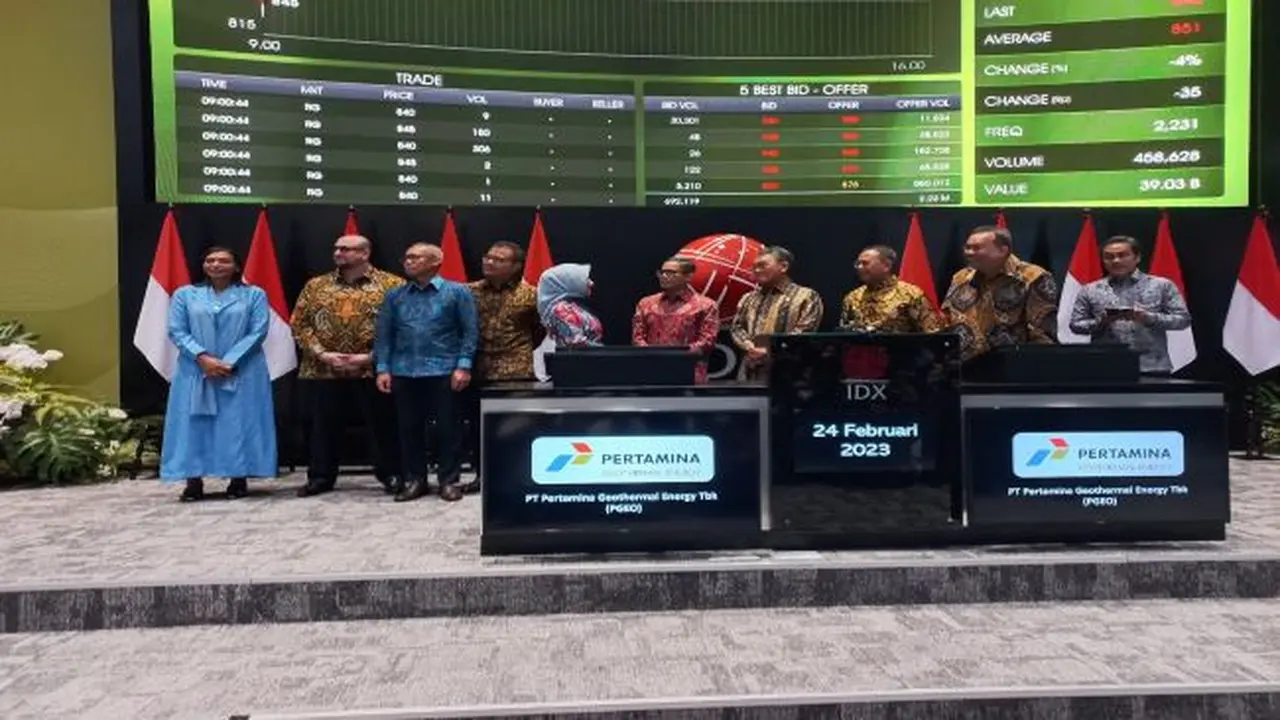 Pencatatan perdana saham PT Pertamina Geothermal Energy Tbk (PGEO), Jumat (24/2/2023). (Foto: Liputan6.com/Elga N)