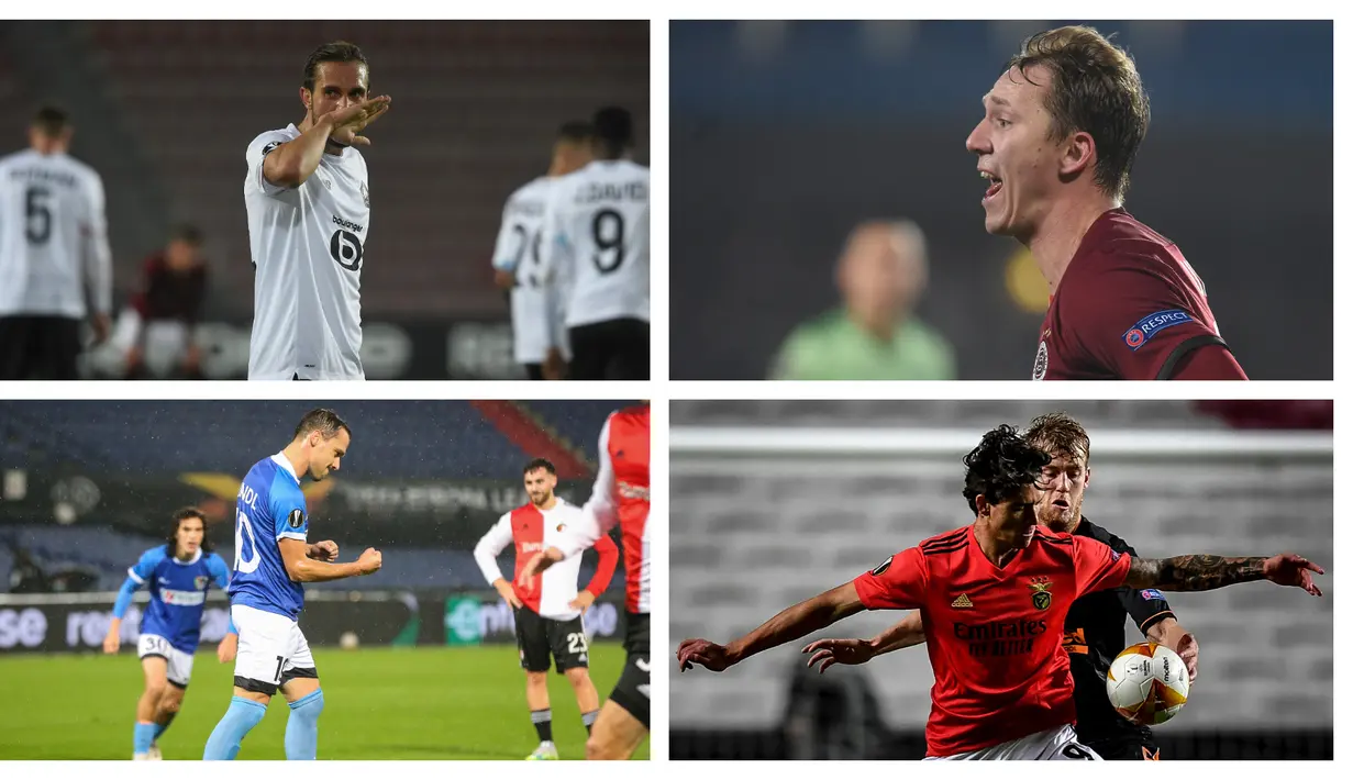 Hingga memasuki matchday ke-4 Liga Europa musim 2020/21, tercatat ada 5 pemain yang mampu mencetak hattrick. Bahkan, ada satu nama yang mampu membuatnya lebih dari satu kali, yaitu striker Lille, Yusuf Yazici.  (Kolase Foto AFP)